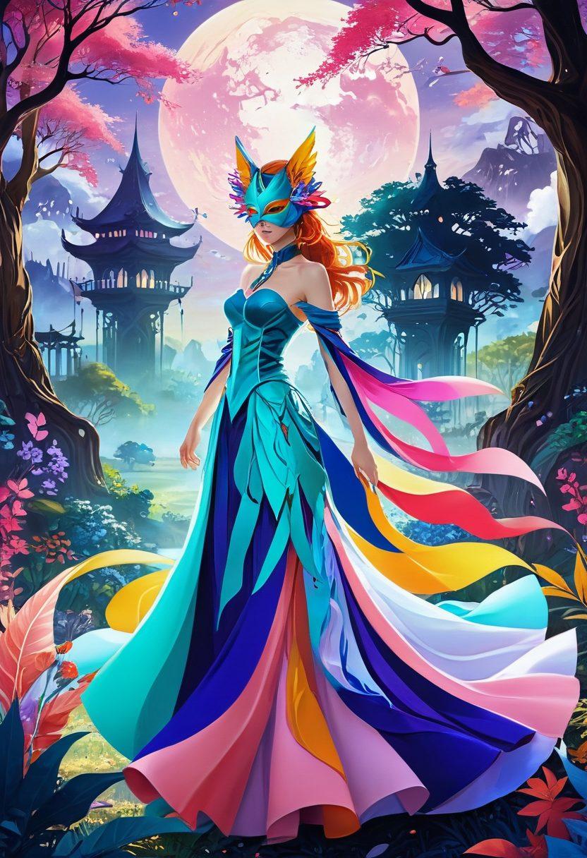 A captivating illustration of a whimsical anime-inspired fantasy world, featuring vibrant characters exploring various fetishes in a playful yet tasteful manner. Incorporate elements of libertinage, such as masquerade masks and elegant costumes, set against a colorful, enchanted backdrop filled with abstract shapes and flowing lines. The overall atmosphere should evoke intrigue and allure while maintaining an artistic elegance. vibrant colors. surreal art. dynamic composition.